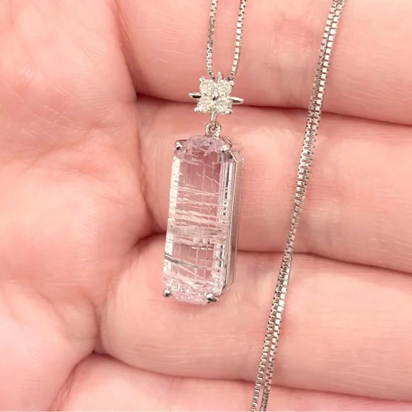 18K Rutilated Rose Quartz Diamond Necklace, White Gold, Floral, Pink Gem, Luxury